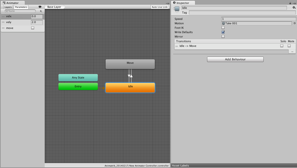The idle animation clip has its own node, with a transition to and from moving animations.