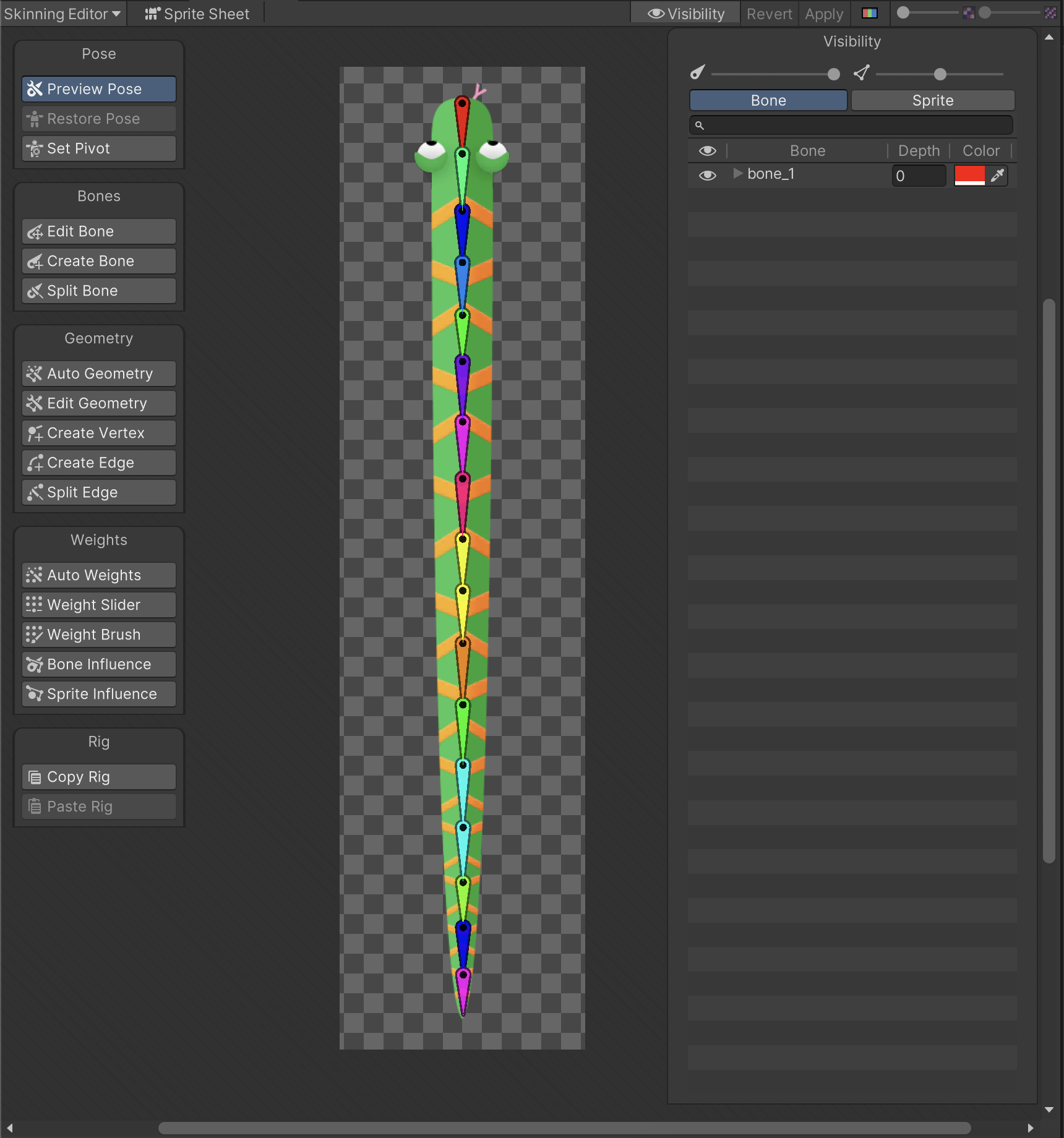 The Skinning Editor window with the Boris sprite open, and each bone along the snake's length displayed as a different color.