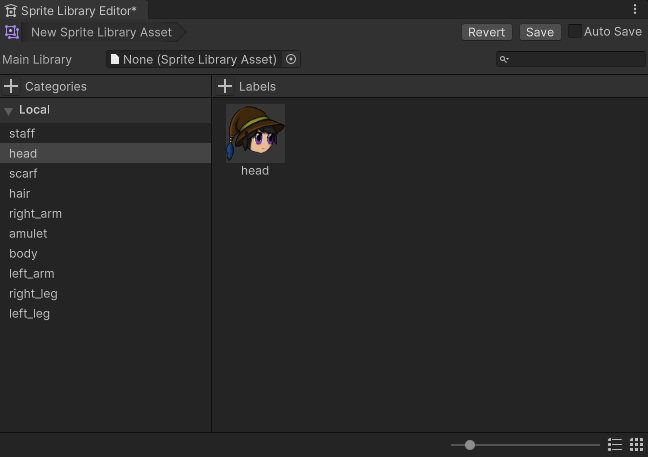 Sprite Library Editor window displaying a newly created Sprite Library Asset. Two side-by-side columns: 'Categories' on the left and 'Labels' on the right. The 'head' category is selected, a character sprite labeled 'head' is displayed in the right column.