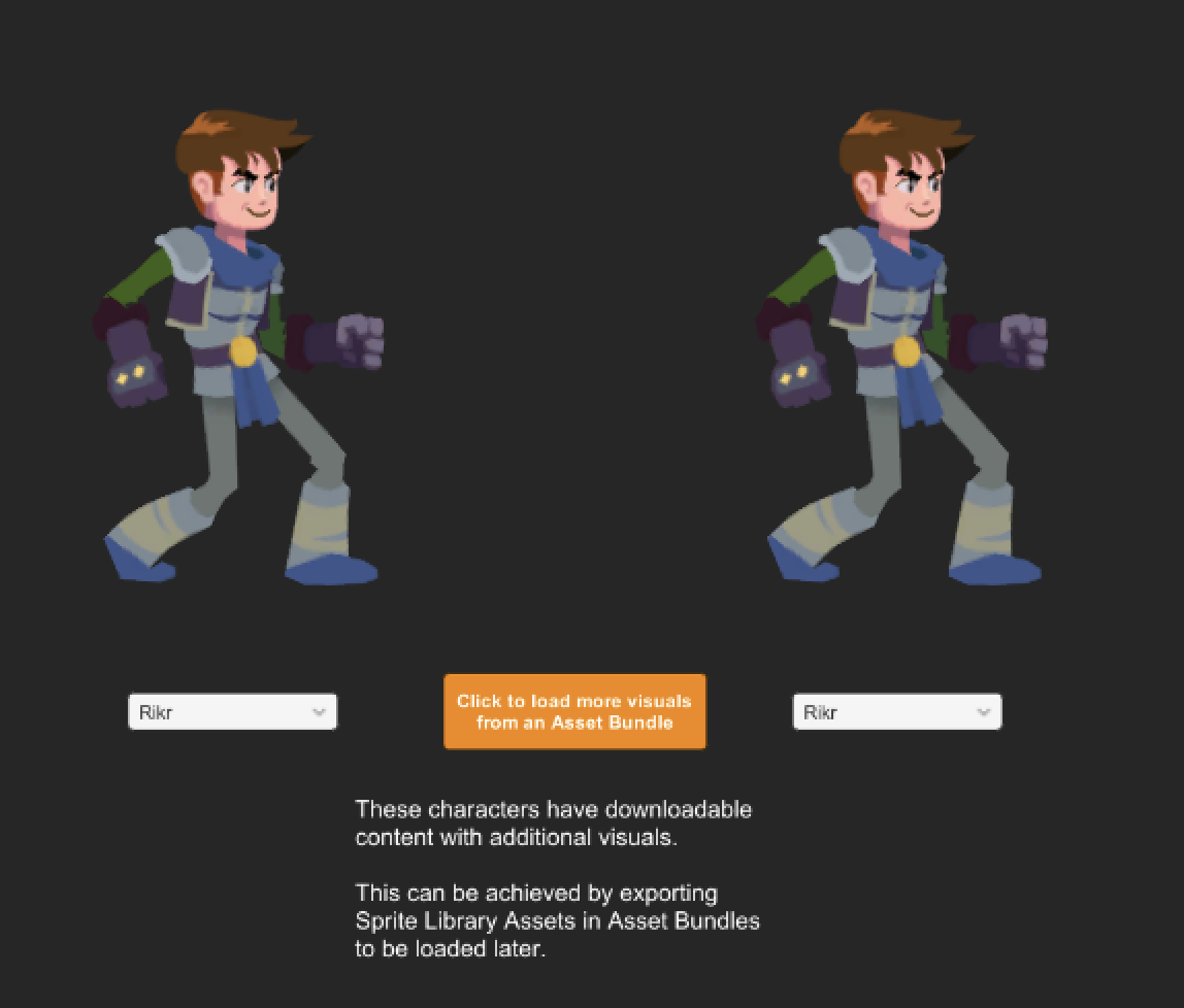 Two knight characters, with dropdowns that select their skins. These characters have downloadable content with additional visuals. This can be achieved by exporting Sprite Library Assets in Asset Bundles to be loaded later.
