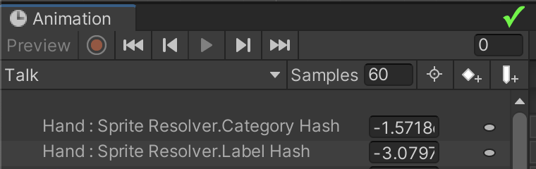 The Animation window with the corrected setup, where the Animation Clip contains both the Label hash and the Category hash.