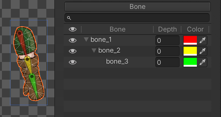 A leg sprite in the Bone Panel. The window displays the hierarchy of three bones with red, yellow, and green label colors. The sprite displays the same bones with the same colors.
