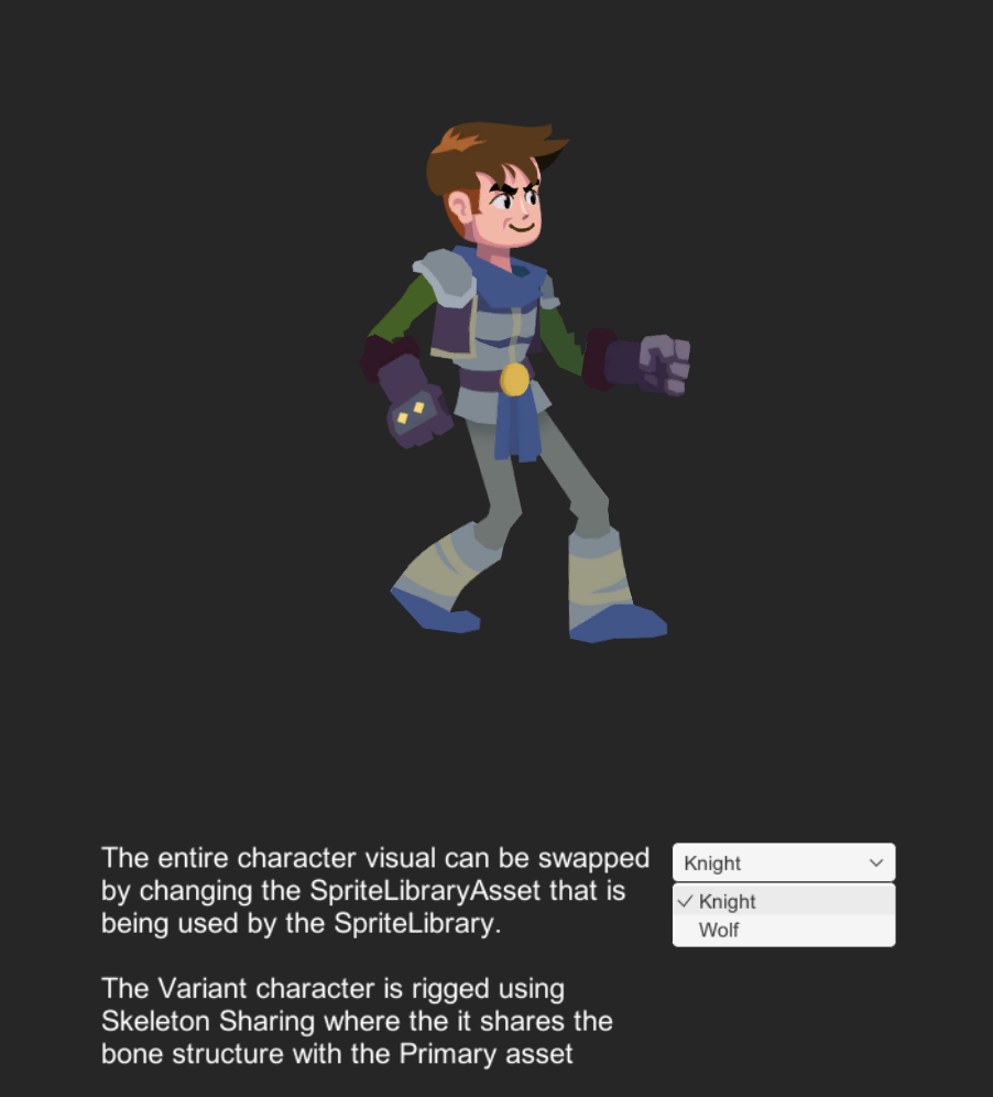 The knight from the Skeleton Sharing example. A dropdown allows you to select between a knight and a wolf.