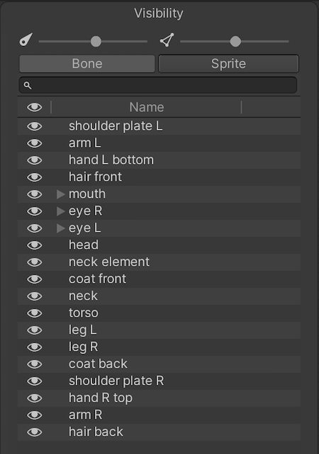 The Bone tab displays the Bone hierarchy of the character Prefab. The Sprite tab displays the names of the Sprites and their grouping hierarchy.