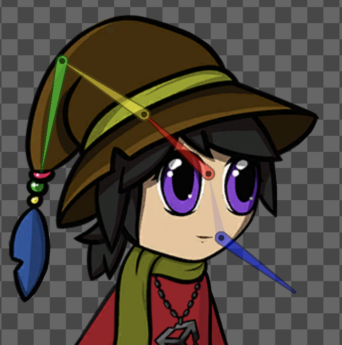 A character sprite with a chain of bones through the head. A faded link shows that two bones are still connected in a chain, even though they don't physically connect.