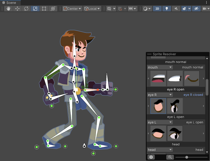 The Scene view with a knight character and the Sprite Resolver overlay. The overlay contains dropdowns that switch between different versions of the character's mouth, eyes, and head.