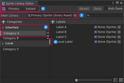 The Variant window. The breadcrumb trail (E) and main library (F) are at the top. The list of inherited categories (G) is on the left. In the **Labels** section, one label has a white line (H) that indicates an override.