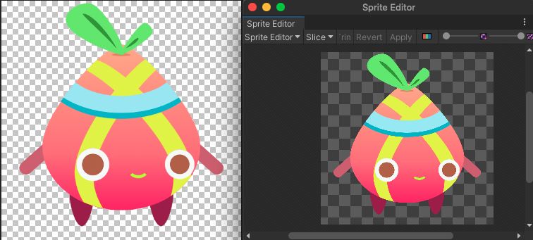 Left: A character sprite. Right: The Sprite Editor window, with a texture that's identical to the character sprite.