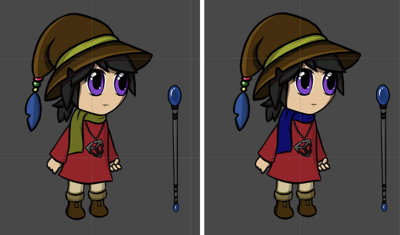 A human character sprite. Left: The original sprite with a green scarf. Right: The alternate sprite with a blue scarf.