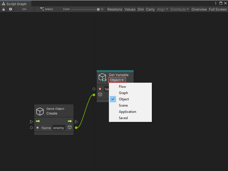 The Kind dropdown in a get Variable node, with Object selected.