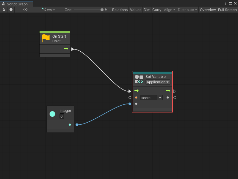 The Set Variable node setting a new value to the score variable.