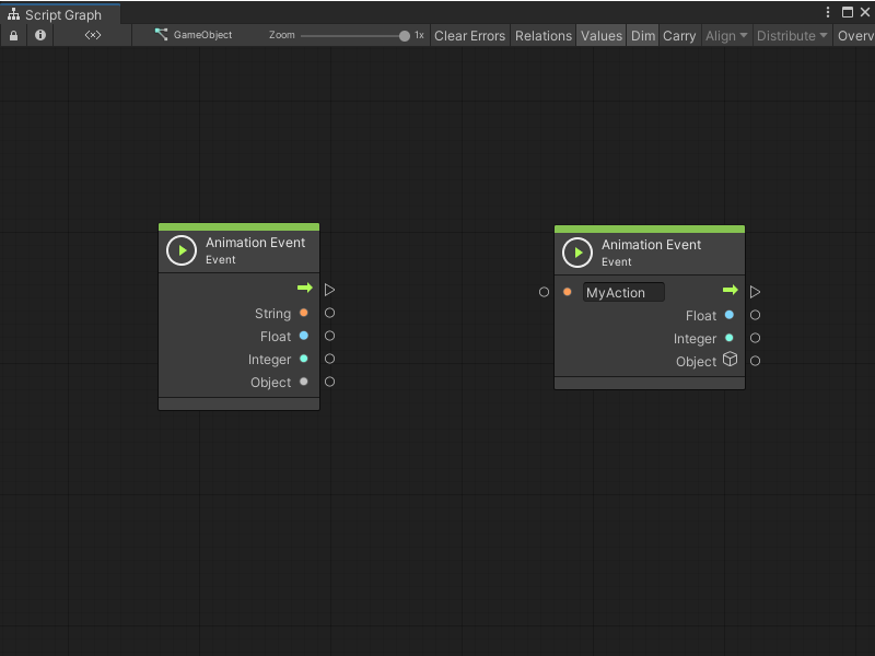 An Animation Event node that listens to all animation events on the object, and an Animation Event Node that listens to a specified event.