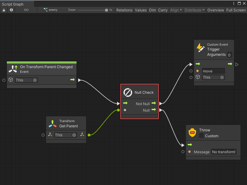 The Null Check node triggers different actions, depending on whether the value is null or not.