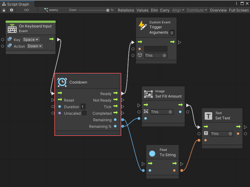 A Cooldown checks the remaining time until it can fire when a keyboard input event arrives.