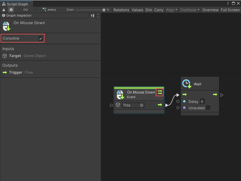 A small dual-arrow icon appears on the event, indicating that it runs as a coroutine.
