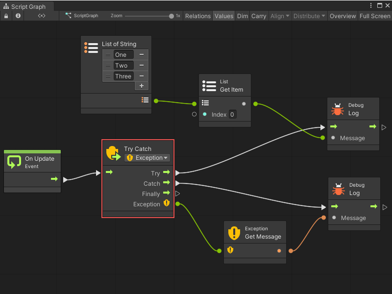 A Try Catch node outputs a log if an exception happens.