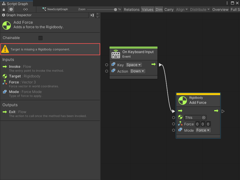 The owner GameObject doesn't have a rigidbody, which is a required component, so the node is in yellow.