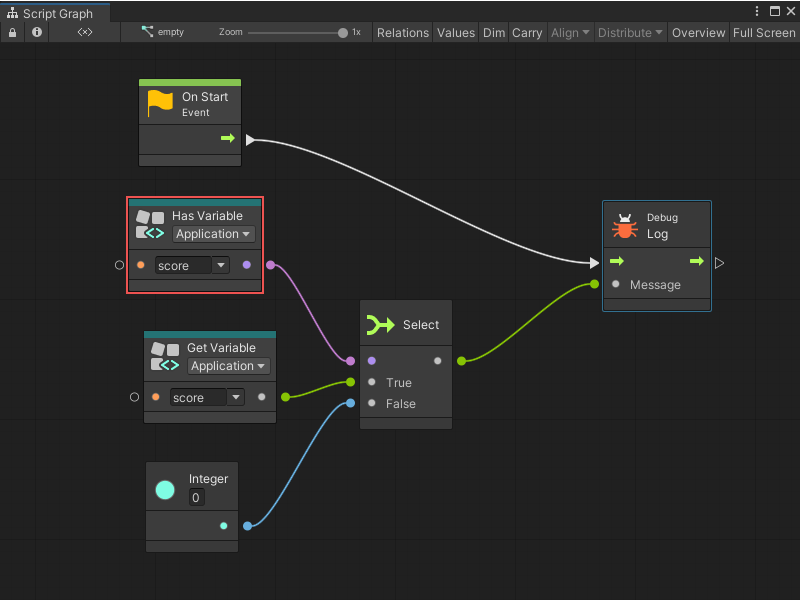The Has Variable node checks whether the score variable exists. It triggers Get Variable if the variable exists, and prints a message to the console of the variable doesn't exist.