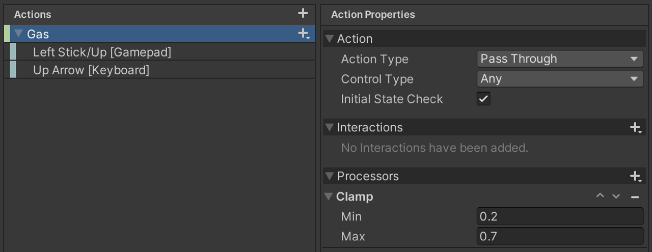 An example of a Clamp Processor setup in the Input Action Asset Editor