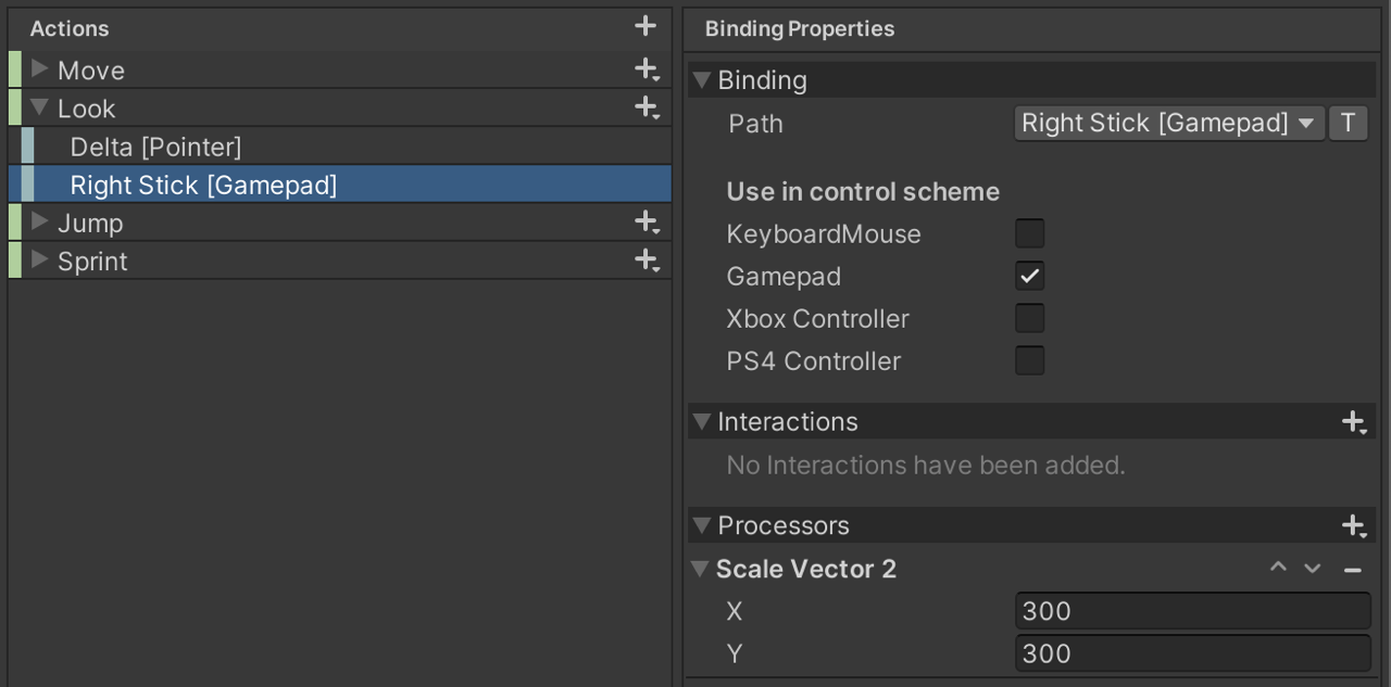 An example of a Scale Vector 2 Processor setup in the Input Action Asset Editor