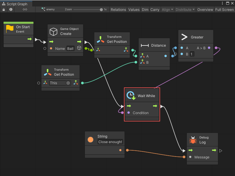 A Wait While node stops execution until a GameObject's is farther than the value in the Greater node.