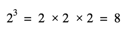 Two raised to the power of three = 2 x 2 x 2 = eight.